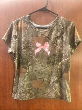 Harper& Ivy Camo Pink Bow Tee Green & Brown XL